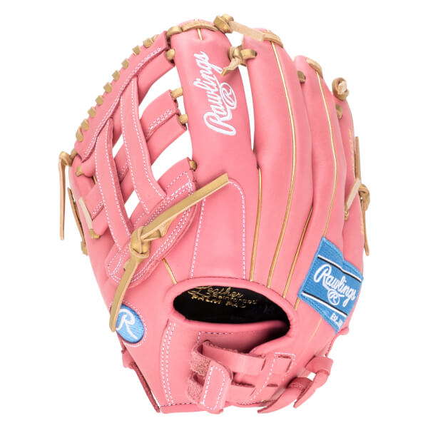 Front view of a pink Rawlings baseball glove with gold trim and white stitching.