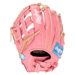Front view of a pink Rawlings baseball glove with gold trim and white stitching.