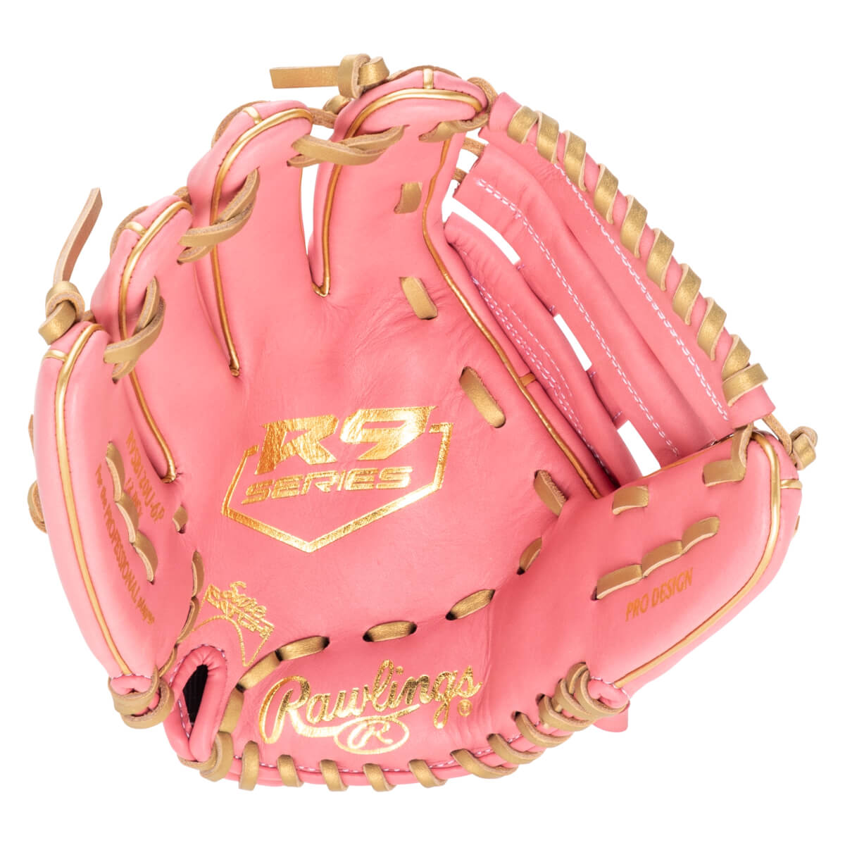 Top-down view of a pink baseball glove with gold accents, showing the "R9 SERIES" and "Rawlings" logos.