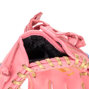 Close-up of a pink baseball glove showing gold lacing and the model number "ECLH28".