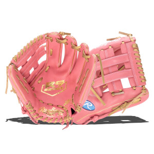 Front view of a pink Rawlings baseball glove with gold lacing and "R9 SERIES" logo.