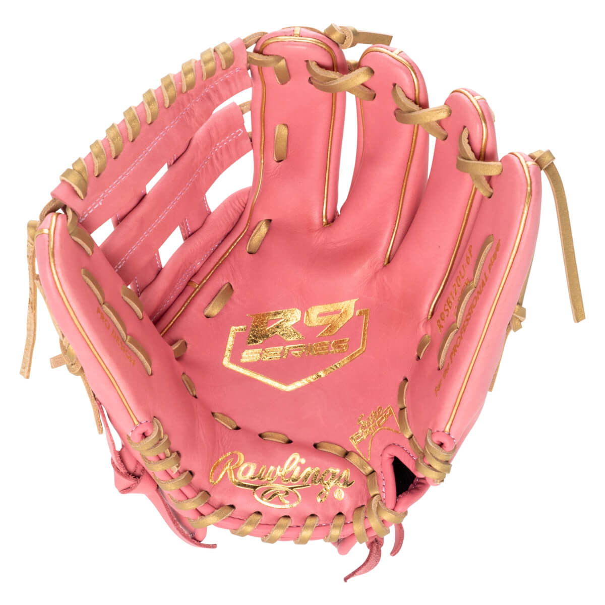 Top-down view of a pink baseball glove with gold lacing and "R9 SERIES" and "Rawlings" logos.