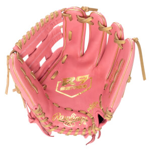 Top-down view of a pink baseball glove with gold lacing and "R9 SERIES" and "Rawlings" logos.