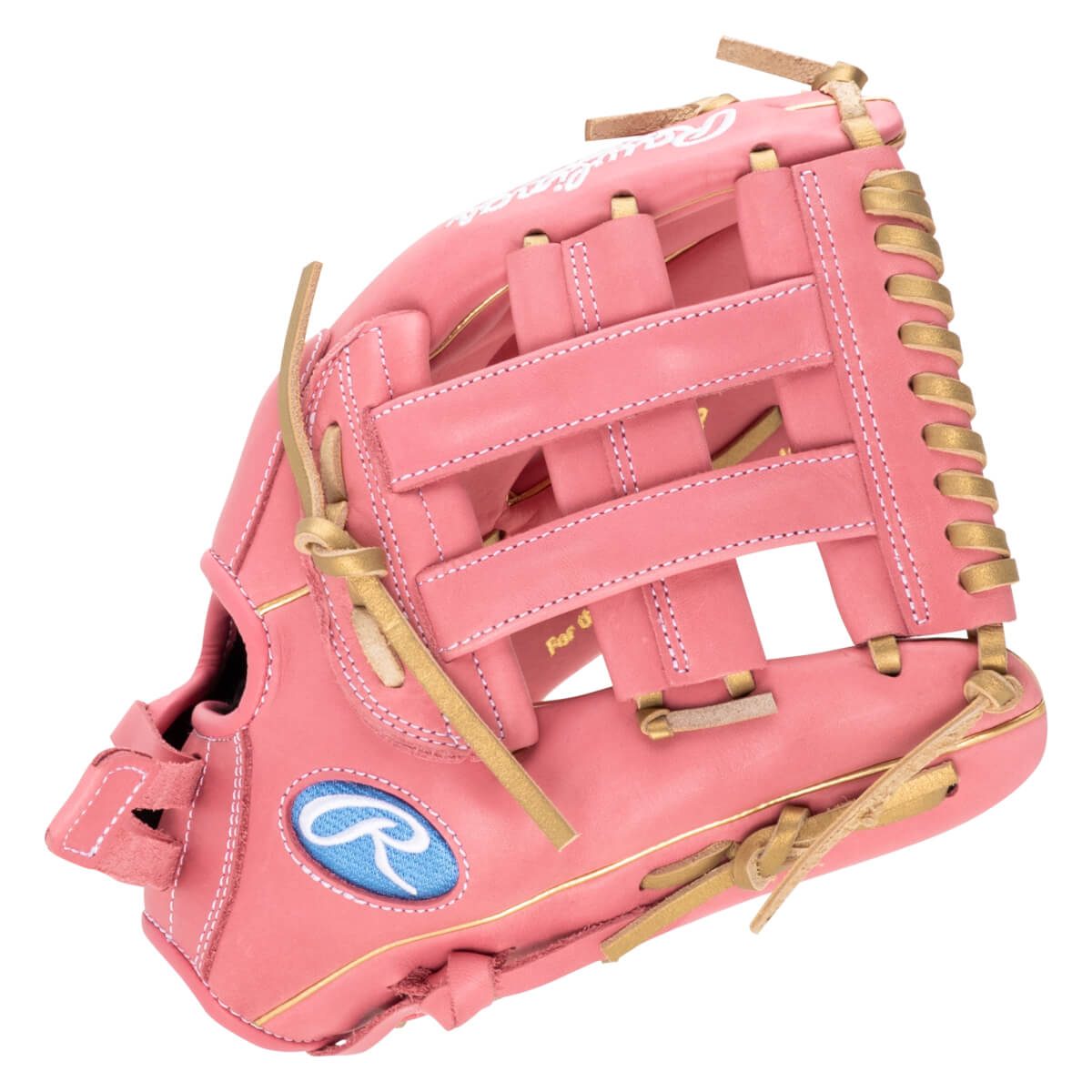 Top-down view of a pink baseball glove with gold lacing and a blue Rawlings logo.
