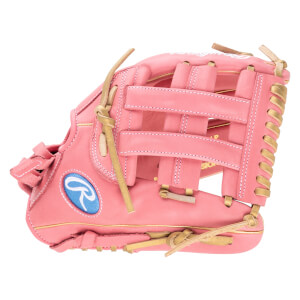 Side view of a pink Rawlings baseball glove with a blue and white logo and gold lacing.