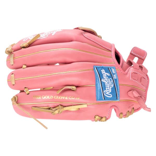 Front view of a pink baseball glove with gold trim, a blue Rawlings patch, and "THE GOLD GLOVE CO." text.