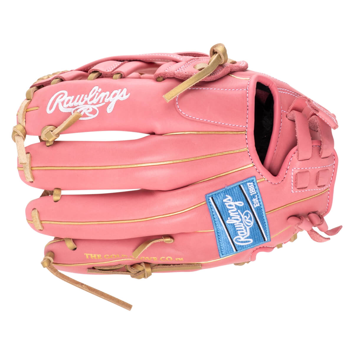 Front view of a pink Rawlings baseball glove with gold trim and a blue Rawlings patch.