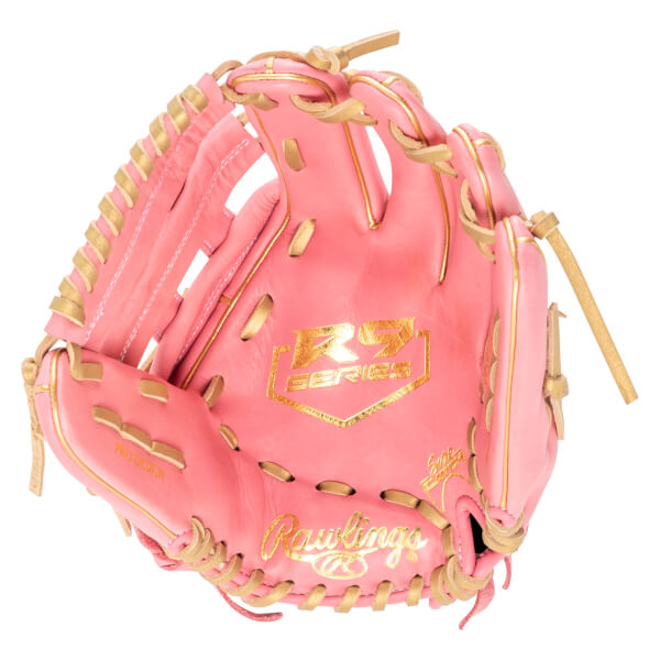 Top-down view of a pink baseball glove with gold "R9 SERIES" and "Rawlings" logos.