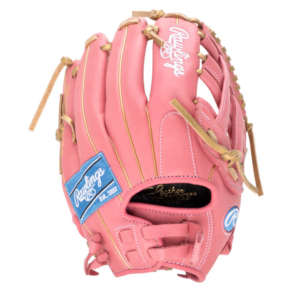 Front view of a pink Rawlings baseball glove with gold lacing and a blue "Rawlings Est. 1887" patch.