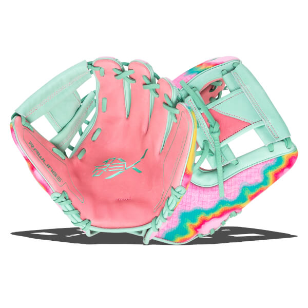 Front view of a pink and mint green baseball glove with a rainbow pattern on the palm and "RAWLINGS" text.