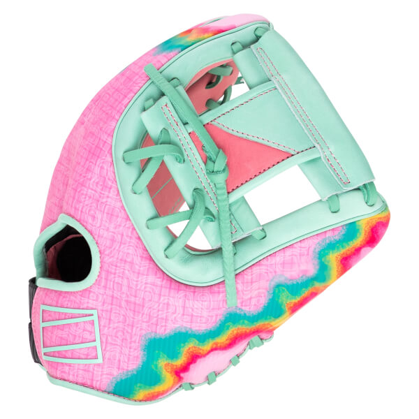Side view of a pink baseball glove with a textured pattern, teal lacing, and a rainbow wave design.
