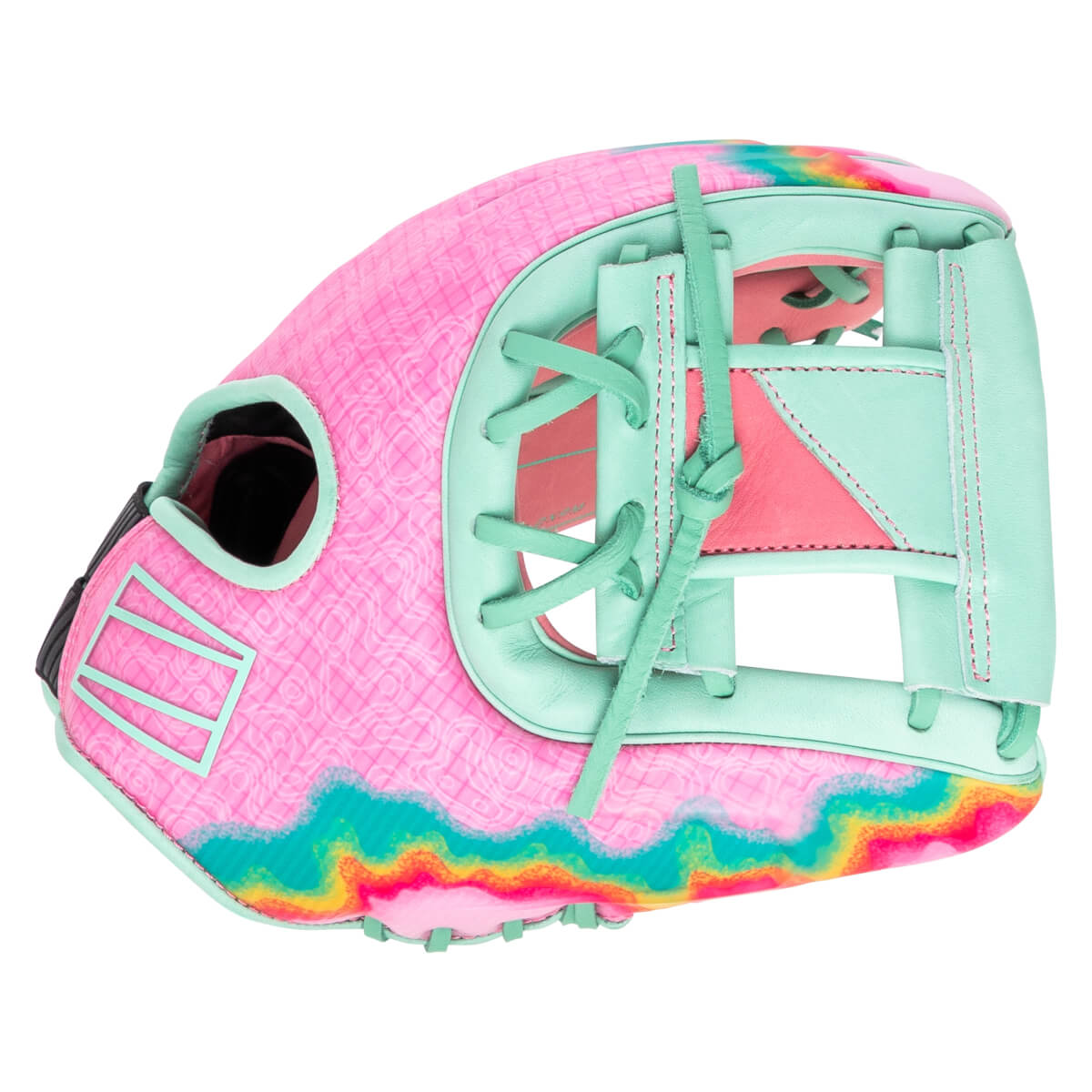 Side view of a pink baseball glove with a wavy rainbow pattern and mint green lacing.