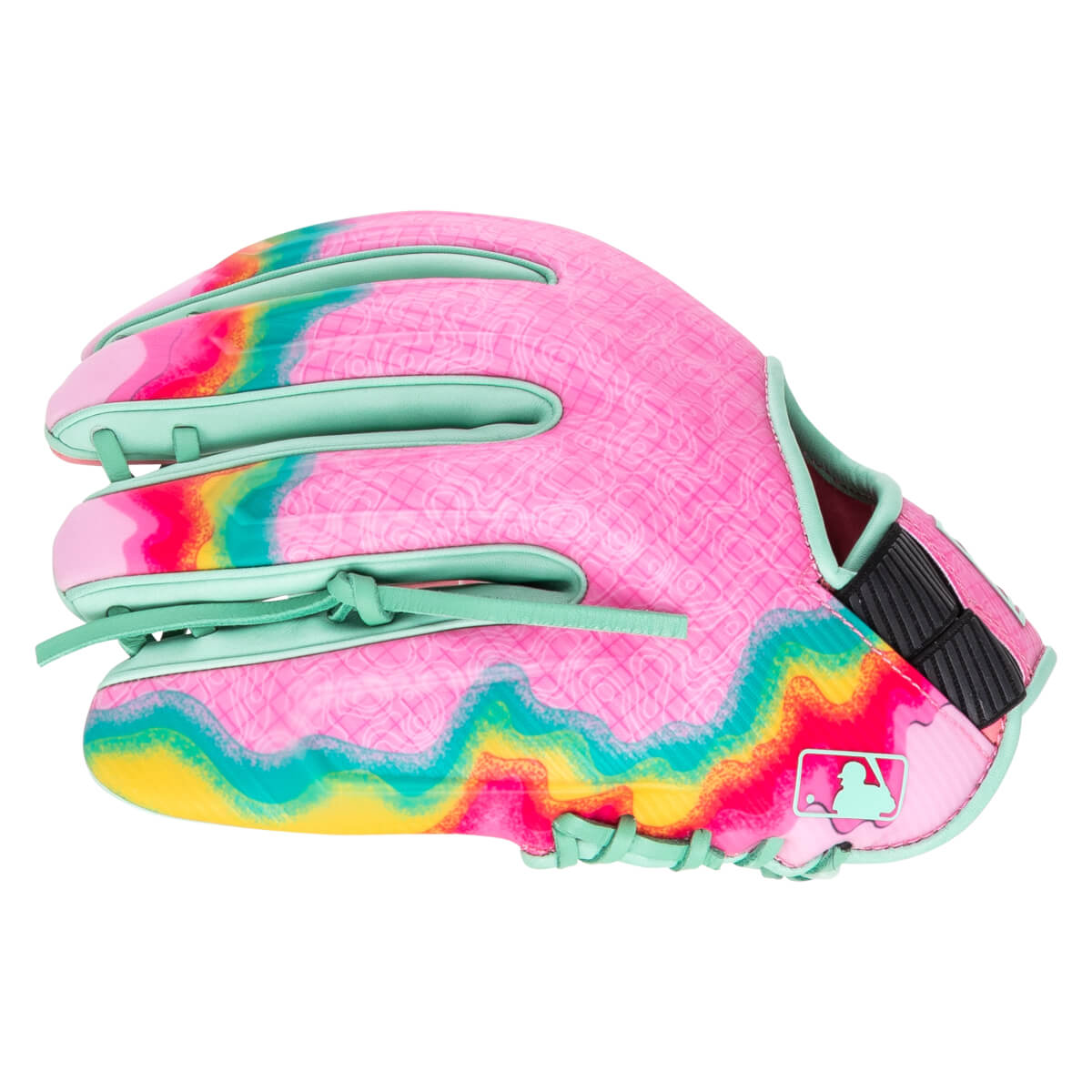 Side view of a pink baseball glove with a rainbow wave pattern and a mint green MLB logo.