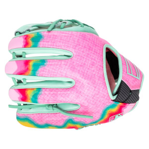 Side view of a pink baseball glove with a rainbow tie-dye pattern and mint green accents.