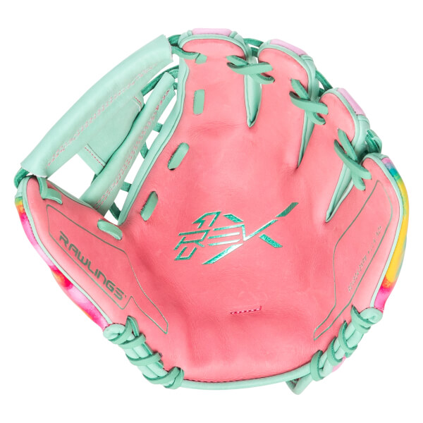 Top-down view of a pink baseball glove with teal lacing and a colorful tie-dye pattern on the edge.