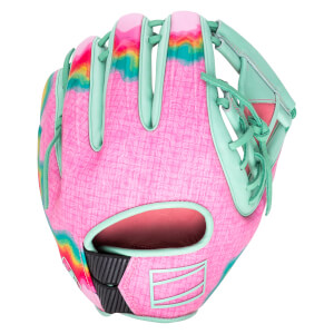 Front view of a pink baseball glove with a rainbow pattern, mint green laces, and a textured surface.