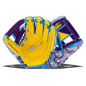 Front view of a yellow baseball glove with purple and blue accents and a colorful patterned design.