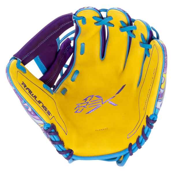 Top-down view of a yellow baseball glove with purple and blue accents, featuring the Rawlings logo and a purple graphic.