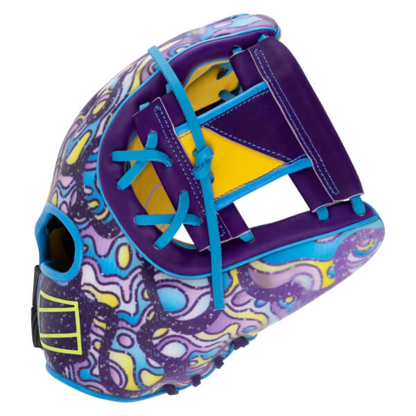 Side view of a baseball glove with a colorful abstract pattern, purple and yellow accents, and bright blue lacing.
