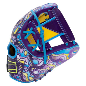 Side view of a baseball glove with a colorful abstract pattern, purple and yellow accents, and bright blue lacing.