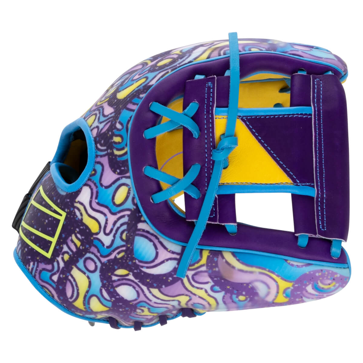 Side view of a purple, blue, and yellow abstract patterned baseball glove with bright blue lacing.