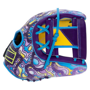 Side view of a purple, blue, and yellow abstract patterned baseball glove with bright blue lacing.