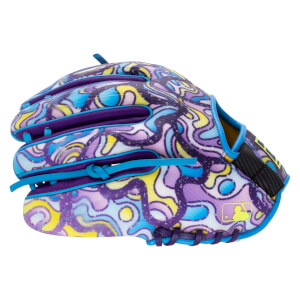 Side view of a baseball glove with a colorful abstract pattern, blue trim, and an MLB logo.