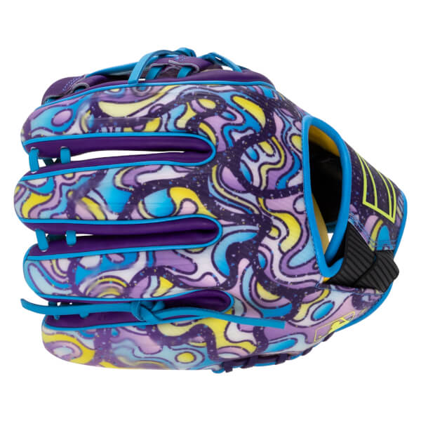 Side view of a baseball glove with a colorful abstract pattern, blue lacing, and a yellow logo.