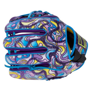 Side view of a baseball glove with a colorful abstract pattern, blue lacing, and a yellow logo.