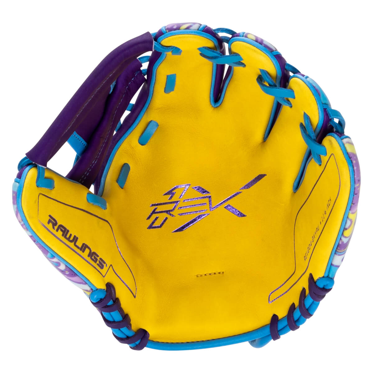 Top-down view of a yellow baseball glove with purple and blue accents, featuring "RAWLINGS" and a "REX" logo.