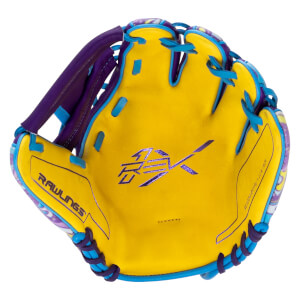 Top-down view of a yellow baseball glove with purple and blue accents, featuring "RAWLINGS" and a "REX" logo.