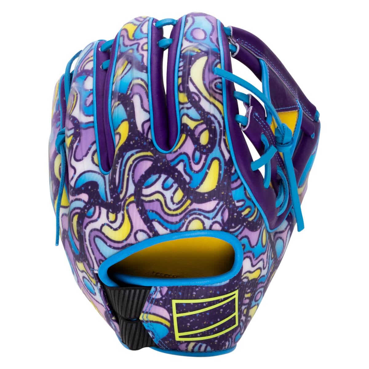 Front view of a purple baseball glove with a colorful abstract pattern and bright blue laces.