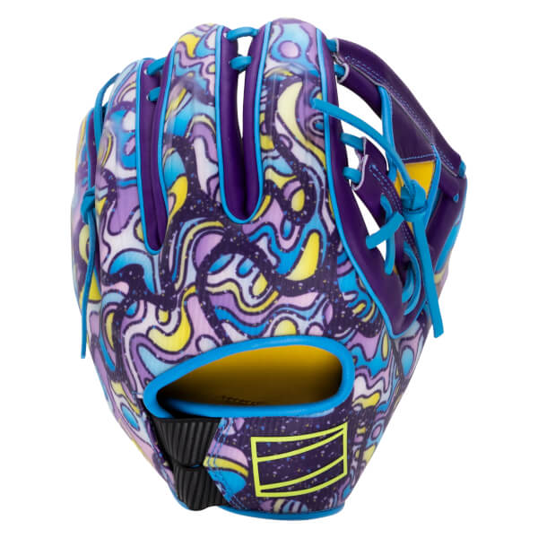 Front view of a purple baseball glove with a colorful abstract pattern and bright blue laces.