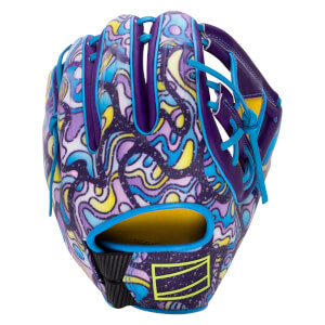 Front view of a baseball glove with a purple, blue, and yellow wavy pattern and bright blue laces.
