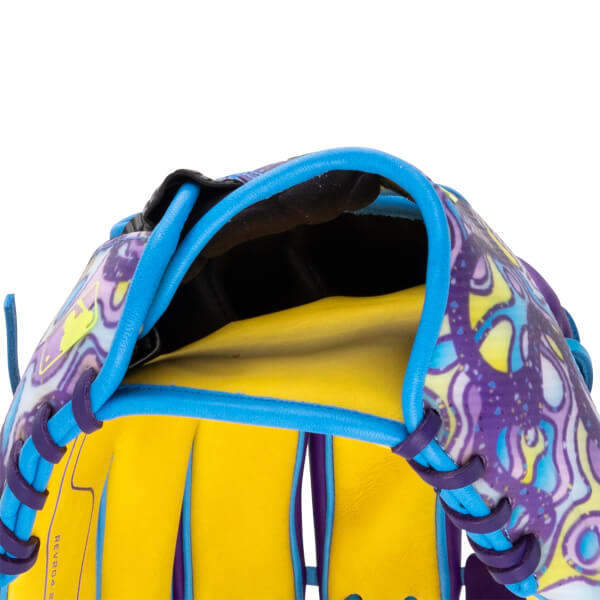 Close-up of a baseball glove's opening, showing a yellow palm, purple and blue lacing, and a colorful abstract pattern.
