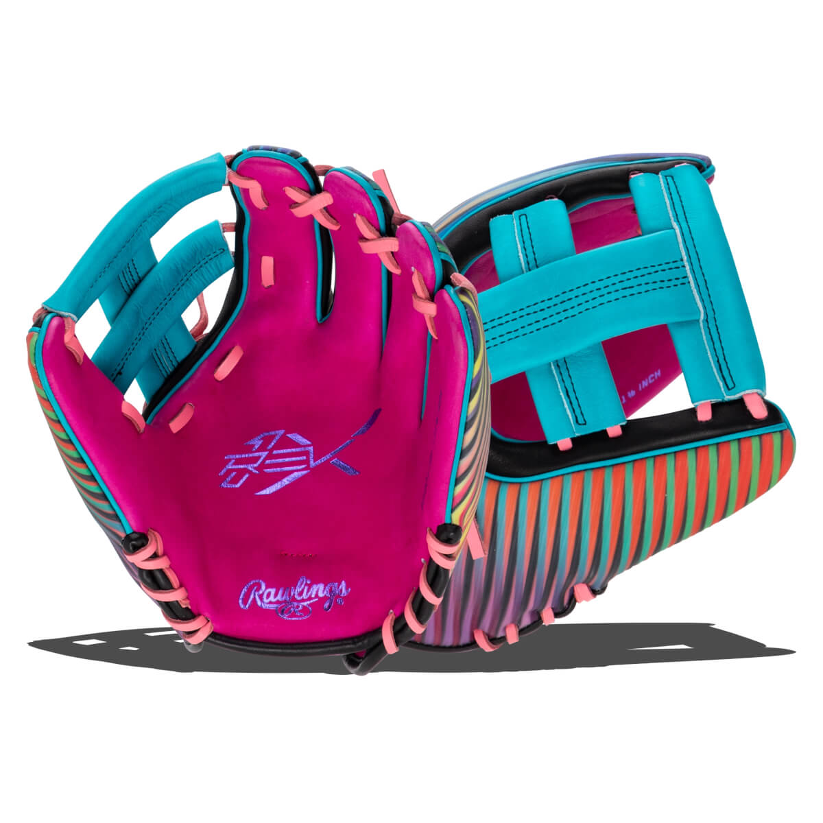 Front view of a pink baseball glove with teal finger loops, striped accent, and Rawlings logo.