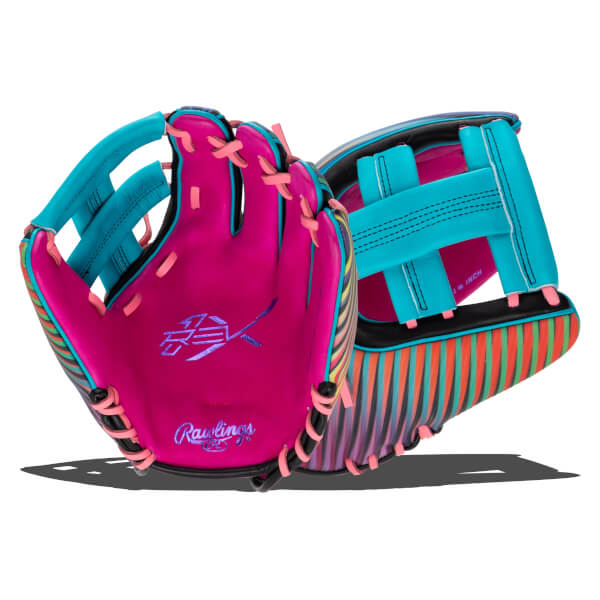Front view of a pink baseball glove with teal finger loops, striped accent, and Rawlings logo.