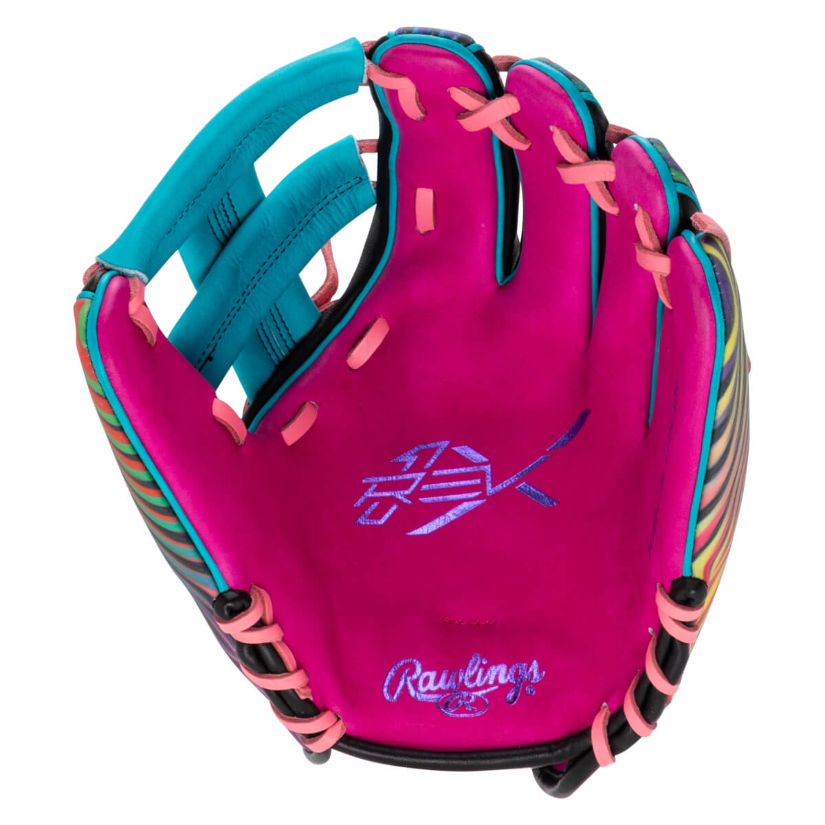 Interior view of a pink baseball glove with a colorful striped pattern on the side, featuring the Rawlings logo.