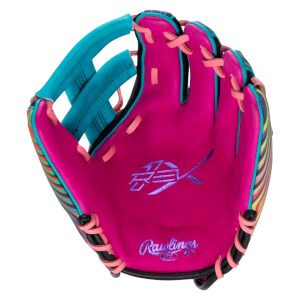 Interior view of a pink baseball glove with a colorful striped pattern on the side, featuring the Rawlings logo.