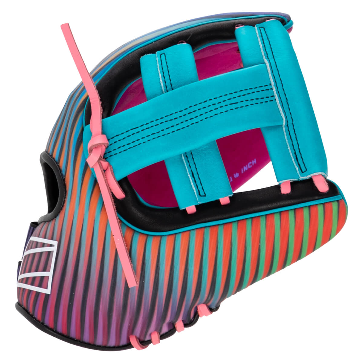 Side view of a colorful baseball glove with pink lacing, turquoise webbing, and a striped pattern.