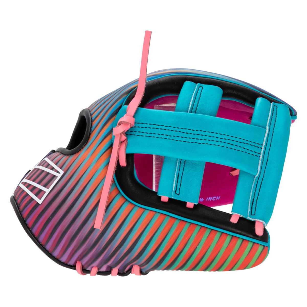 Side view of a baseball glove with a colorful striped pattern, bright turquoise webbing, and a pink lace.