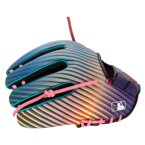 Side view of a baseball glove with a colorful striped pattern, pink lacing, and an MLB logo.