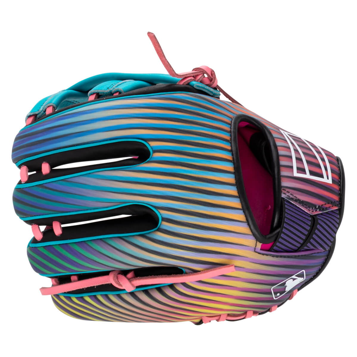 Side view of a baseball glove with a colorful striped pattern, pink lacing, and a white MLB logo.