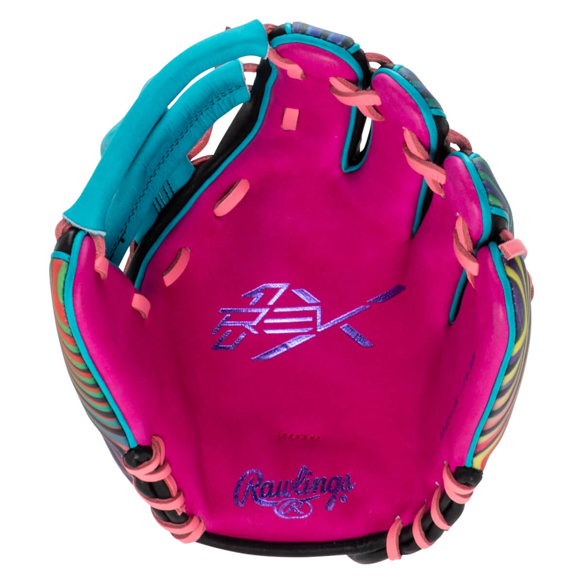 Top-down view of a pink baseball glove with a blue wrist strap, "Rawlings" logo, and a colorful striped pattern.