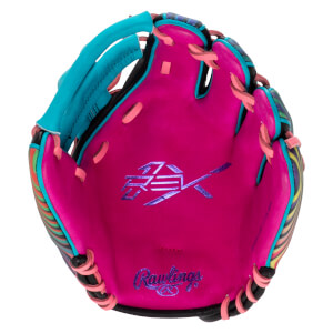 Top-down view of a pink baseball glove with a blue wrist strap, "Rawlings" logo, and a colorful striped pattern.