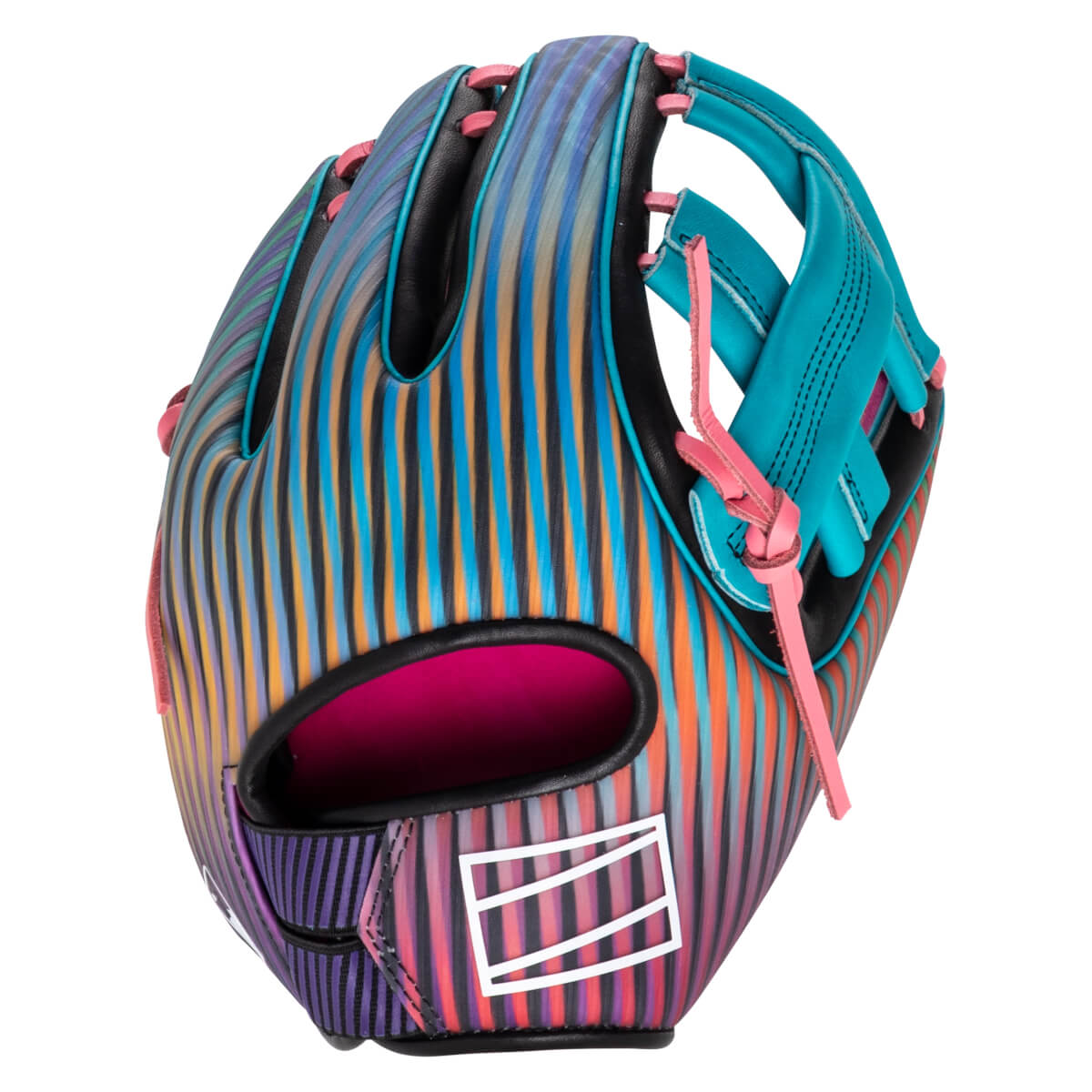 Front view of a baseball glove with a colorful striped pattern, teal webbing, and pink accents.