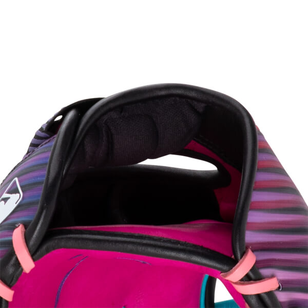 Close-up view of the inside of a baseball glove with pink lining, black padding, and a striped exterior.
