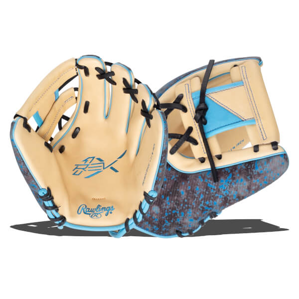 Front view of a Rawlings baseball glove with a splatter pattern, blue accents, and "RX" logo.