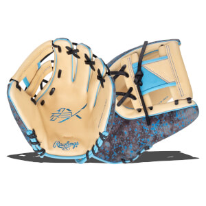 Front view of a Rawlings baseball glove with a splatter pattern, blue accents, and "RX" logo.
