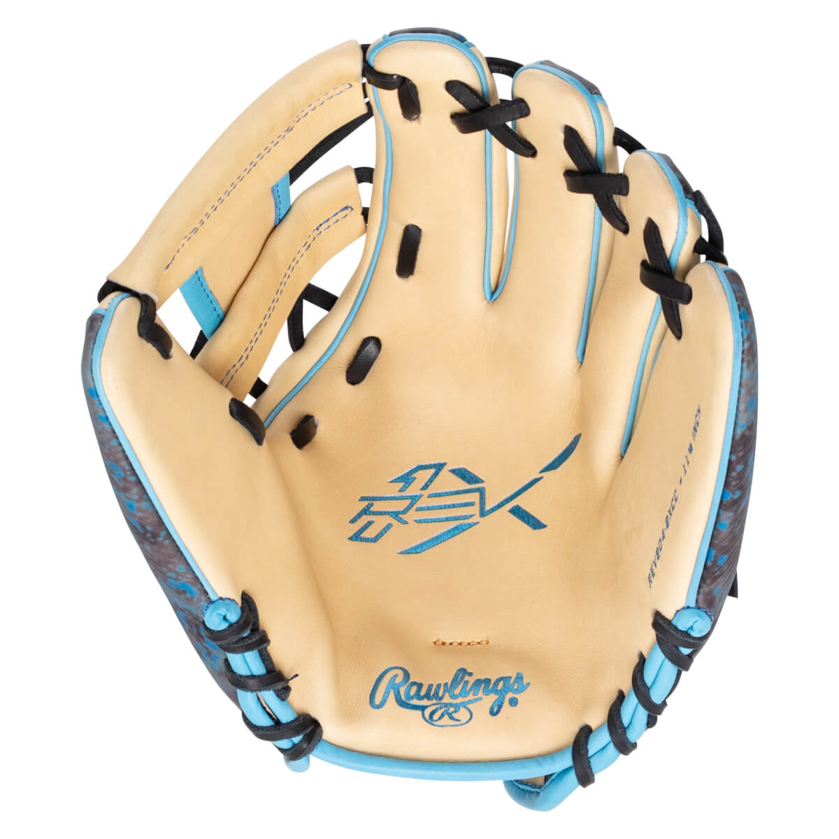 Top-down view of a tan baseball glove with blue stitching, a blue "Rawlings" logo, and a blue graphic.